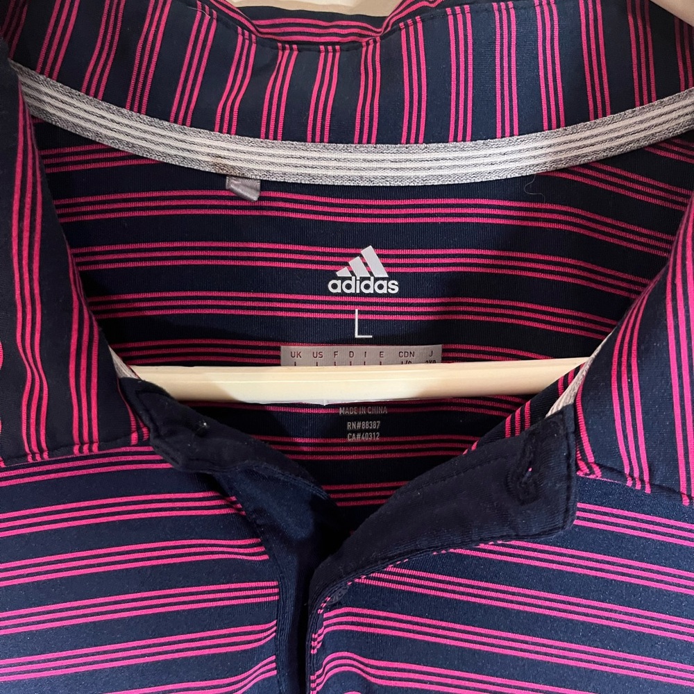 Adidas Navy and Pink Striped Polo Shirt